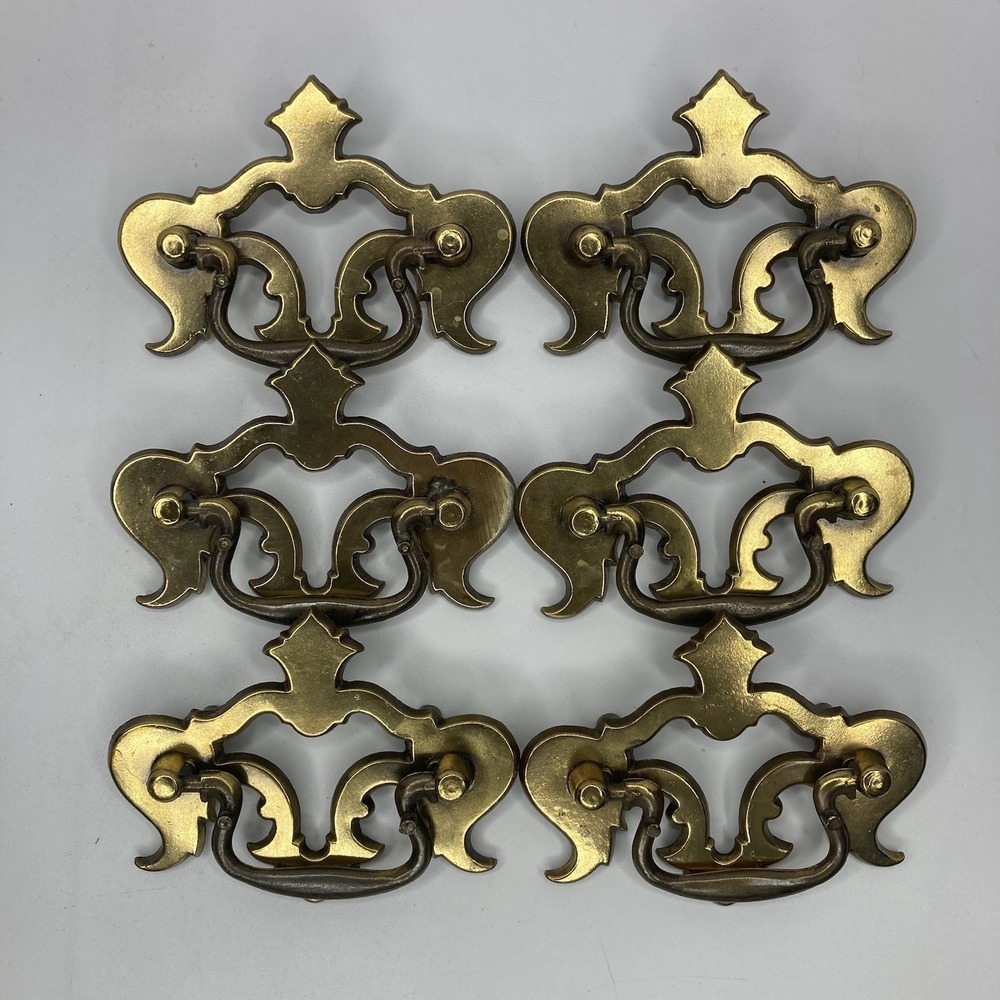 6 Brass Drawer Swing Handle Pulls Chippendale Batwing Antique Hardware